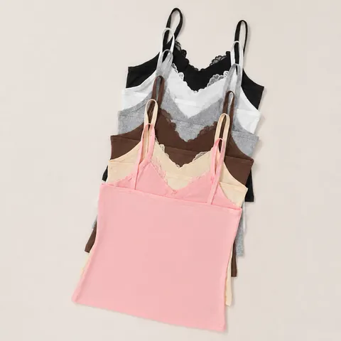 Women Sexy Lace Patchwork V-Neck Cami Top Slim Fit Polyester Sleeveless Vest Solid Color Summer Daily Fashion Top