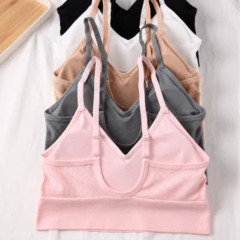 Women's Seamless Ribbed Sports Bra U-Back Thin Strap Camisole Wireless Yoga Bralette Solid Color Polyamide Spandex Top