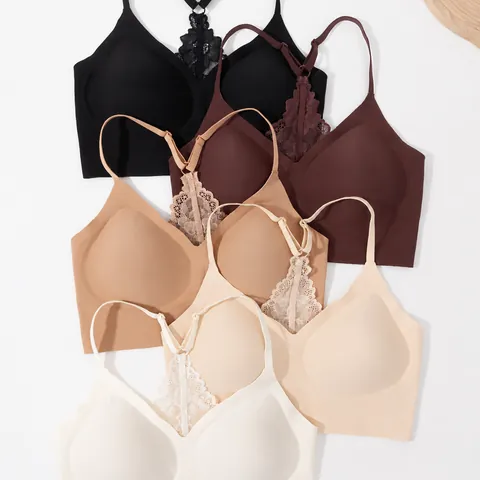 Seamless Wireless Bra For Women Push Up Thin Mold Cup Breathable Lingerie V-Neck Lace Beauty Back Comfort Bralette Top
