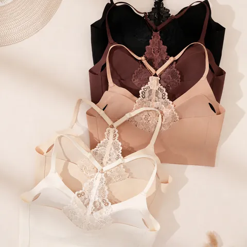 Seamless Wireless Bra For Women Push Up Thin Mold Cup Breathable Lingerie V-Neck Lace Beauty Back Comfort Bralette Top