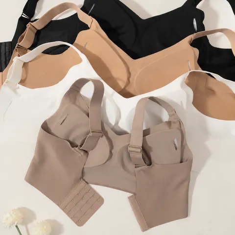 Women Seamless Ribbed Push Up Bra Wireless Widened Side Wings Gathering Adjustment Lingerie Comfortable Lingerie Brassiere