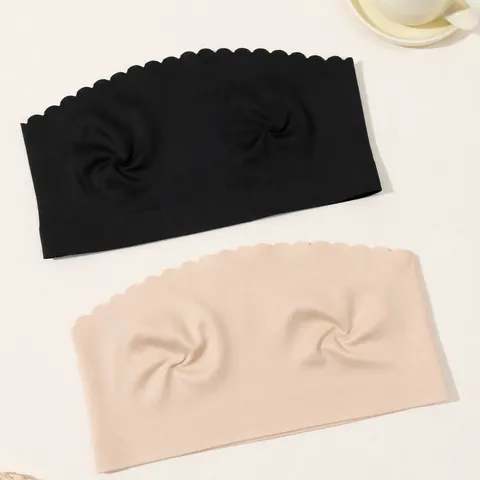 Women's Seamless Ice Silk Tube Top Strapless Non-Slip Bandeau Bra With Scalloped Edge Breathable Solid Color Lingerie Wrap Top