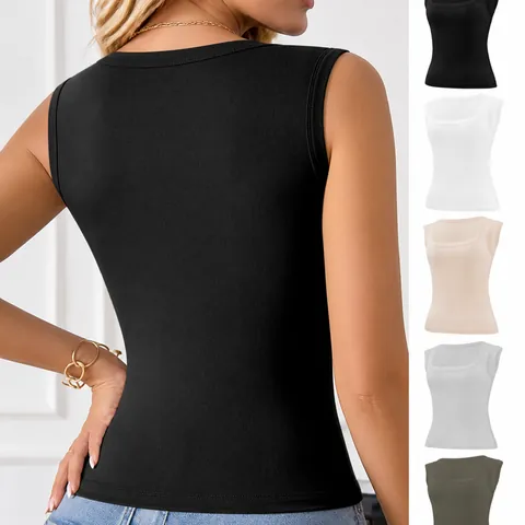 Women's Square Neck Ribbed Tank Top Cotton Wide Shoulder Vest Casual Slim Fit Sleeveless Knitted Top Inner Outer Wear