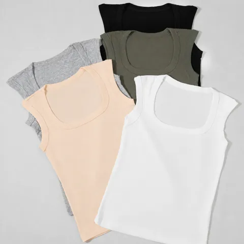 Women's Square Neck Ribbed Tank Top Cotton Wide Shoulder Vest Casual Slim Fit Sleeveless Knitted Top Inner Outer Wear