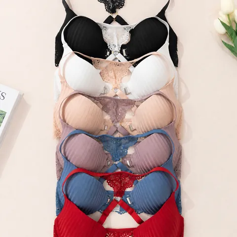 Women sexy Front Closure Push Up Bra French Style Striped Lace Racerback Underwired Breathable Lingerie Sexy Underwear Bra Top
