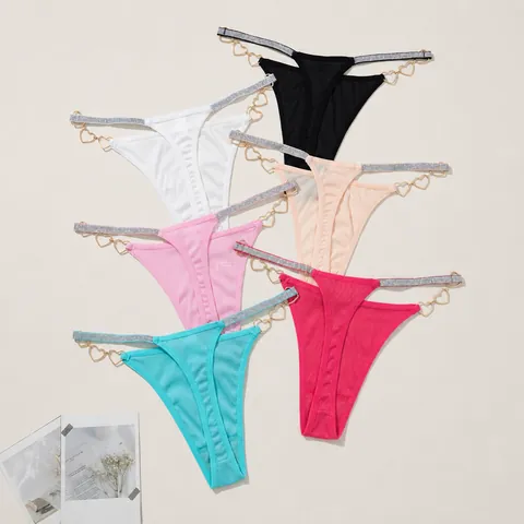 Women Sexy Low Waist Thong Heart Metal Chain Ribbed Knitted G-String Rhinestone Decor Low Rise Lingerie Panties Underwear