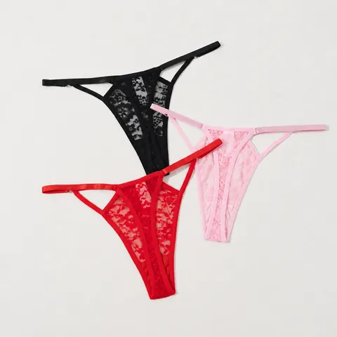 Women's Sexy Lace Thong G-String Panties Hollow Out Strappy Nylon Breathable Cotton Crotch Adjustable Low Waist Underwear