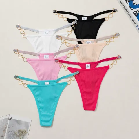 Women Sexy Low Waist Thong Heart Metal Chain Ribbed Knitted G-String Rhinestone Decor Low Rise Lingerie Panties Underwear