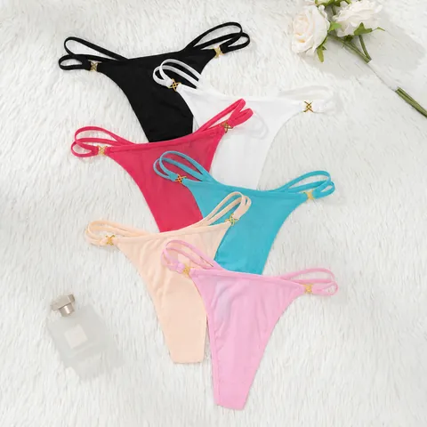 Women Sexy Ribbed Thong Low Waist Thin Strap Panties With Metal Decor Solid Color Bikini Underwear G-String