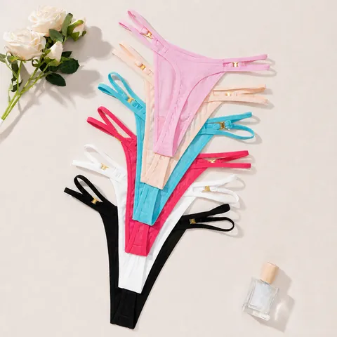 European American Sexy Women Ribbed Thong Low Waist Double Strap Bikini Bottom With Metal Ring Embellishment Rhinestone Lingerie