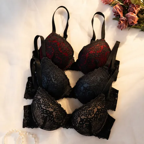 Women Sexy Lace Contrast Color Push Up Bra Underwired Adjustable Lingerie Floral Mesh Molded Cup Top For Ladies