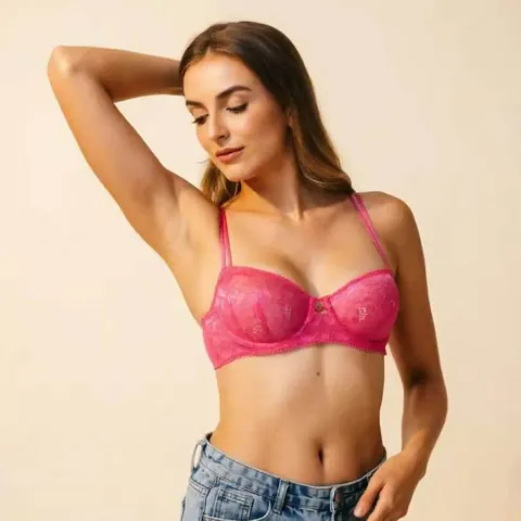 Women Sexy French Lace Push Up Bra Sweet Pink Floral Thin Straps Underwire Lingerie Breathable Shaping Bralette For Daily Dating