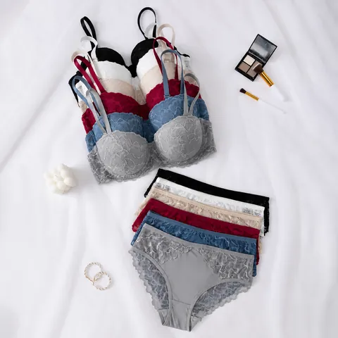 Women Sexy Lace Lingerie Set Nylon Padded Push Up Bra And Panties Underwear Set Elegant Floral Embroidery Top And Bottom