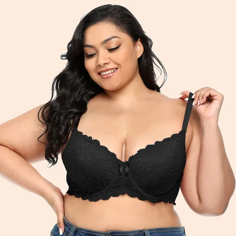 Women Plus Size Lace Underwired Bra Full Cup Push Up Adjustment Breathable Floral Lingerie Minimizer Top Support
