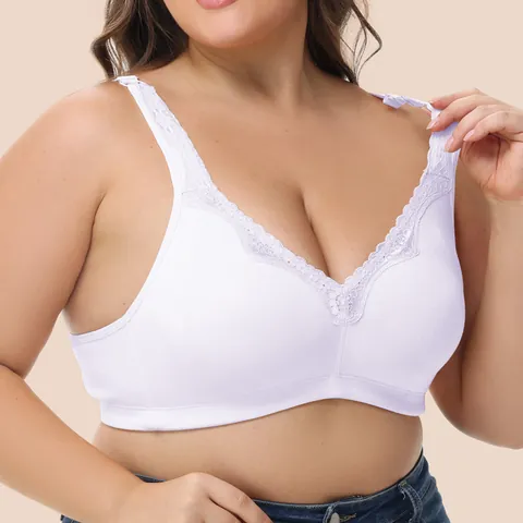Women's Plus Size Full Cup Lace Bra Wireless Breathable Cotton Lingerie G Cup Minimizer Comfort Top And Bottom Underwear