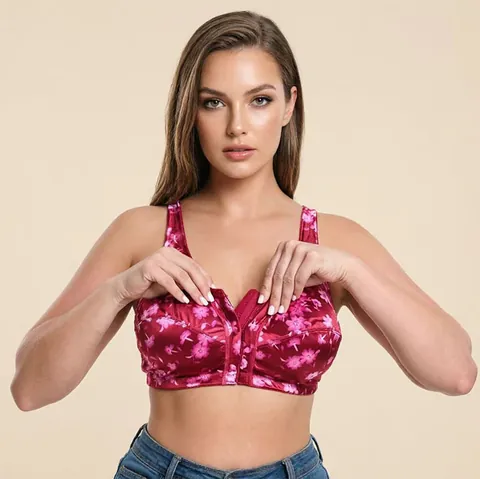 Damen Übergröße BH Verschluss Vorne Kabellos Westen Stil Satin Blumendruck Nylon Unterwäsche Atmungsaktiv Breite Träger Top