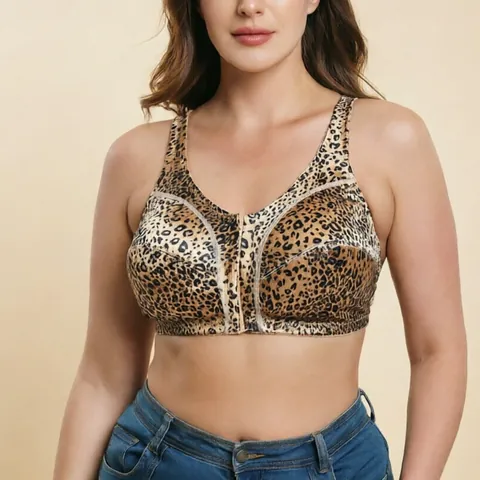 Sexy Leopard Print Plus Size Bra For Women Front Closure Wireless Soft Support Comfortable Wide Straps Thin Cup Lingerie