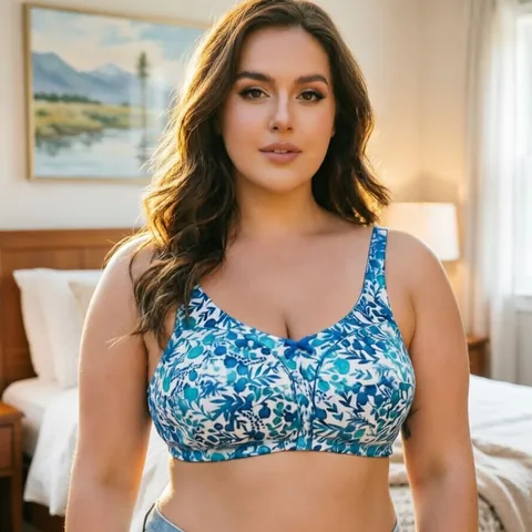Women Plus Size Ultra Thin Satin Bra Non Wired Full Cup Comfort Lingerie Leopard Blue Floral Printed Underwear Top
