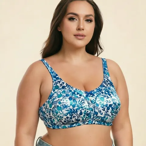Women Plus Size Ultra Thin Satin Bra Non Wired Full Cup Comfort Lingerie Leopard Blue Floral Printed Underwear Top