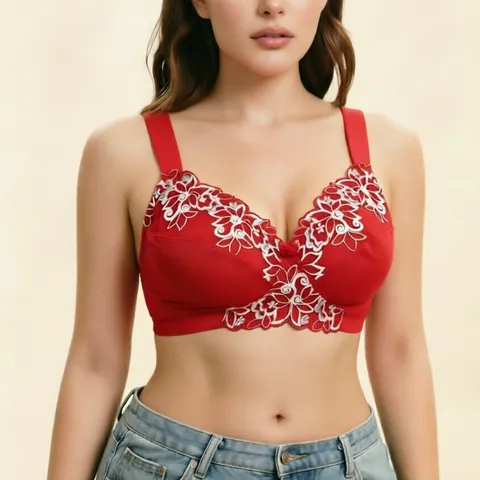 Women's Plus Size Wireless Full Cup Bra Wide Straps Minimizer Floral Embroidery Thin Unlined Bralette Lingerie Underwear