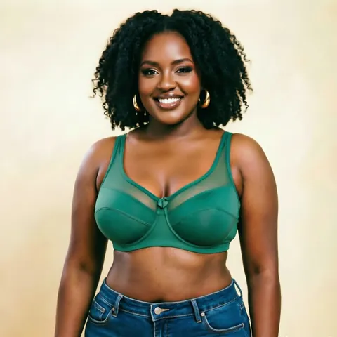 Women Plus Size Dark Green Mesh Patchwork Underwired Bra Top Breathable Push Up Anti-Sagging Full Cup Lingerie Simple Style