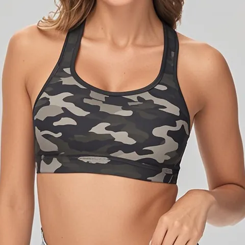 Women Seamless Shockproof Sports Bra Camouflage Printed Racerback Gym Yoga Running Athletic Workout Top
