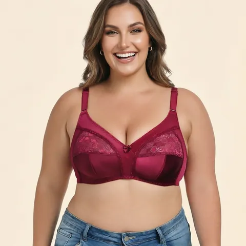 Women's Plus Size Wine Red Bra Ultra-Thin Lace Embroidery Wire-Free Full Cup Lingerie Transparent Comfortable Underwear Top