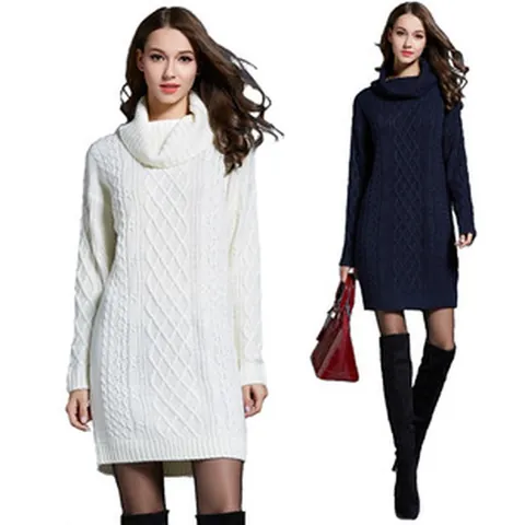 Women Casual Long Turtleneck Knit Sweater Dress Fall Winter Solid Color Long Sleeve Slim Fit Pullover Dress