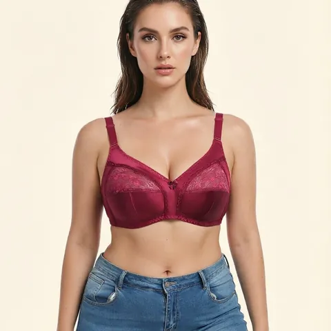 Women's Plus Size Wine Red Bra Ultra-Thin Lace Embroidery Wire-Free Full Cup Lingerie Transparent Comfortable Underwear Top