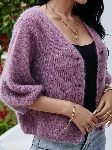 Women V Neck Short Knitted Sweater Cardigan Loose 3/4 Lantern Sleeve Button Down Solid Color Polyester Casual Autumn Top