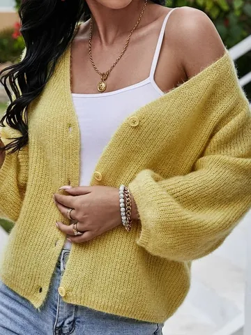 Women V Neck Short Knitted Sweater Cardigan Loose 3/4 Lantern Sleeve Button Down Solid Color Polyester Casual Autumn Top