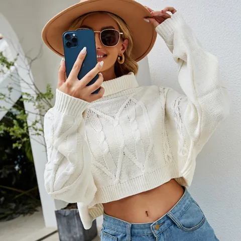 Women Cropped High Neck Cable Knit Sweater Loose Long Sleeve Pullover Casual Acrylic Patchwork Knitwear Top Urban Fashion
