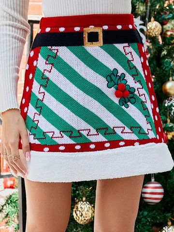 Damen Weihnachten Acryl Strickrock Elegant Patchwork A-Linie Rock Mit Kunstpelzbesatz Elastische Taille Feiertagsparty Rock