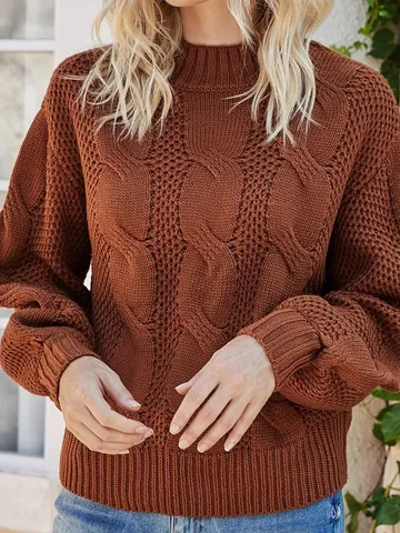 Women Autumn Winter Acrylic Cable Knit Sweater Elegant Solid Color Mock Neck Long Sleeve Loose Pullover Knitwear Top