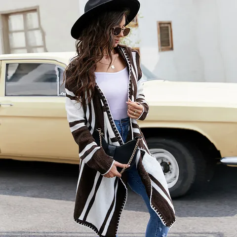 Women Striped Colorblock Hooded Knit Cardigan Irregular Long Sleeve Acrylic Sweater Top Asymmetric Hem Casual Outerwear