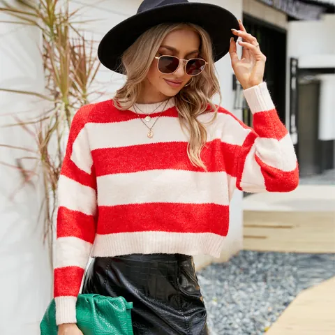 Women Autumn Winter Casual Cropped Round Neck Striped Contrast Mohair Like Knit Sweater Loose Long Sleeve Pullover Knitwear Top