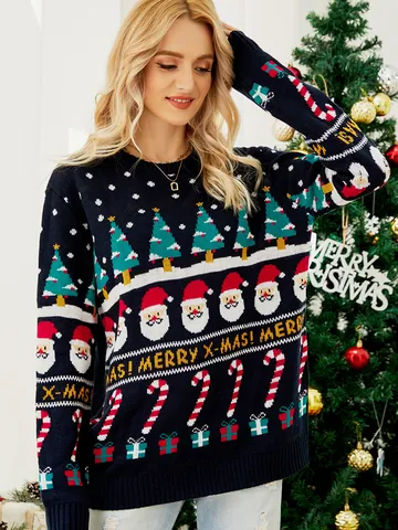 Women's Christmas Sweater Navy Blue Acrylic Knit Pullover With Snowman Christmas Tree Graphic Pattern Thick Long Sleeve Festive Holiday Party Top