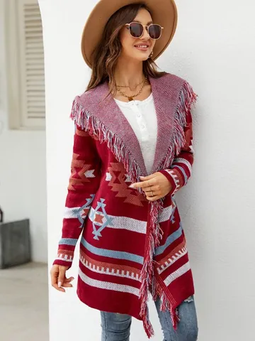 Women Bohemian Geometric Jacquard Hooded Long Sweater Cardigan Vintage Tassel Trim Loose Knit Open Front Coat Outwear