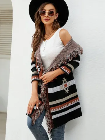 Women Bohemian Geometric Jacquard Hooded Long Sweater Cardigan Vintage Tassel Trim Loose Knit Open Front Coat Outwear