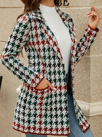 Gilet en Maille Longue pour Femmes Motif Argyle Pied-de-Poule Col Tailleur Pull Ouvert Avec Poches Top Décontracté
