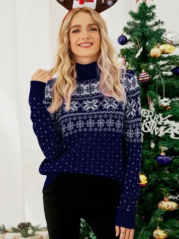 Women Christmas Turtleneck Sweater Jacquard Snowflake Knit Pullover Top Red Navy Blue Festive Winter Warm Sweater