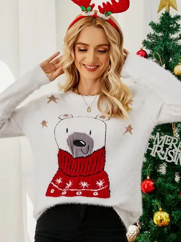 Women Christmas Polar Bear Embroidered Knit Sweater Loose Round Neck Long Sleeve Plush Jacquard Pullover Winter Warm Holiday Top