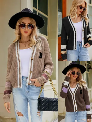 Cárdigan de Punto Estilo Preppy para Mujer Cuello en V Holgado Acrílico Rayas en Contraste Patchwork Letra Aplique Top
