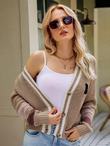 Cárdigan de Punto Estilo Preppy para Mujer Cuello en V Holgado Acrílico Rayas en Contraste Patchwork Letra Aplique Top