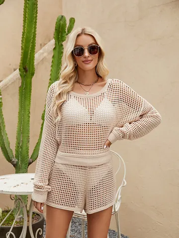Γυναικείο Casual Διάτρητο Πλεκτό Σετ Σορτς Top And Bottom Καλοκαιρινό Boho Διακοπές στην Παραλία Μακρυμάνικο Πουλόβερ και Σορτς