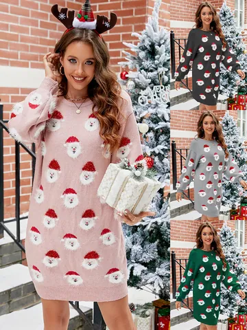 Vestido de Suéter Navideño para Mujer Patrón de Papá Noel Manga Larga Cuello Redondo Vestido de Punto Holgado Ropa de Fiesta