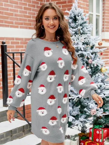 Vestido de Suéter Navideño para Mujer Patrón de Papá Noel Manga Larga Cuello Redondo Vestido de Punto Holgado Ropa de Fiesta