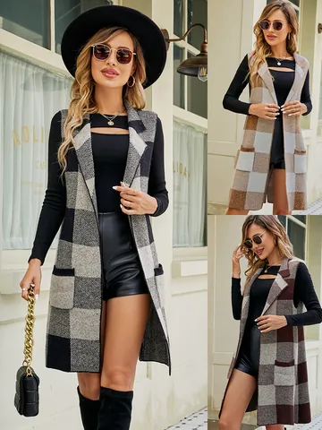 Women Long Plaid Knit Vest Suit Collar Sleeveless Cardigan Jacquard Sweater Coat Pocket Layering Outerwear Elegant Top