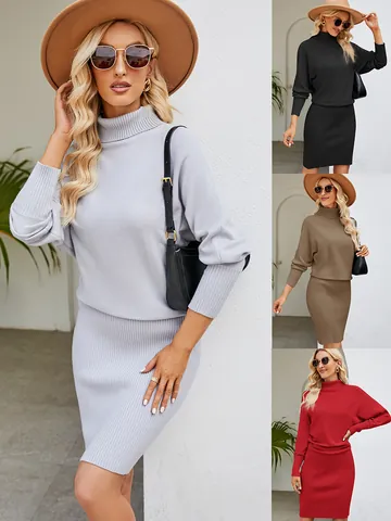 Minimalist Turtleneck Long Sleeve Knitted Maxi Dress For Women Slim Fit Bodycon Sweater Dress Solid Color Autumn Winter Elegant Dress
