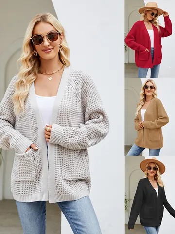 Women Acrylic Waffle Knit Cardigan Sweater Loose Long Sleeve Open Front Outerwear With Pockets Autumn Winter Vintage Solid Color Top